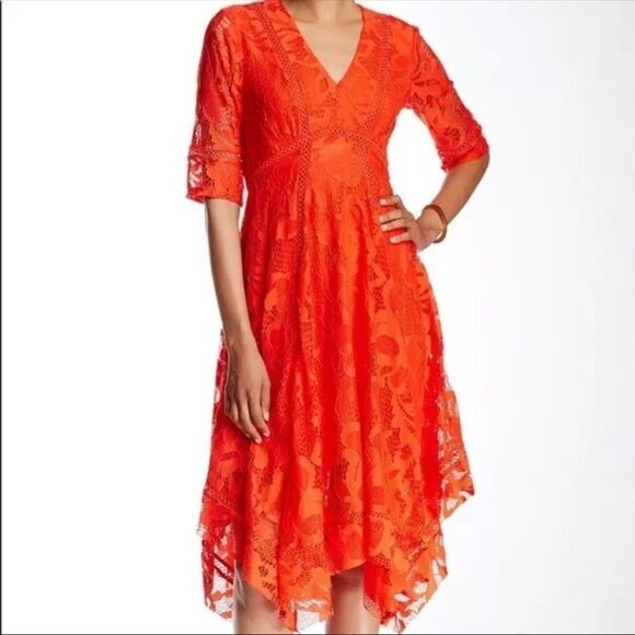 Just Taylor Red Valentine Lace Midi 1/2 Sleeve Dress Flare Handkerchief Hem - Picture 1 of 10